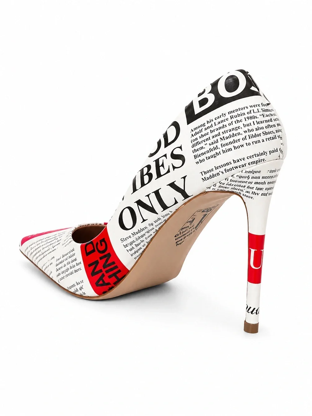 Steve Madden Newspaper-Print Pointed Stiletto Pumps in White, Black and Red
